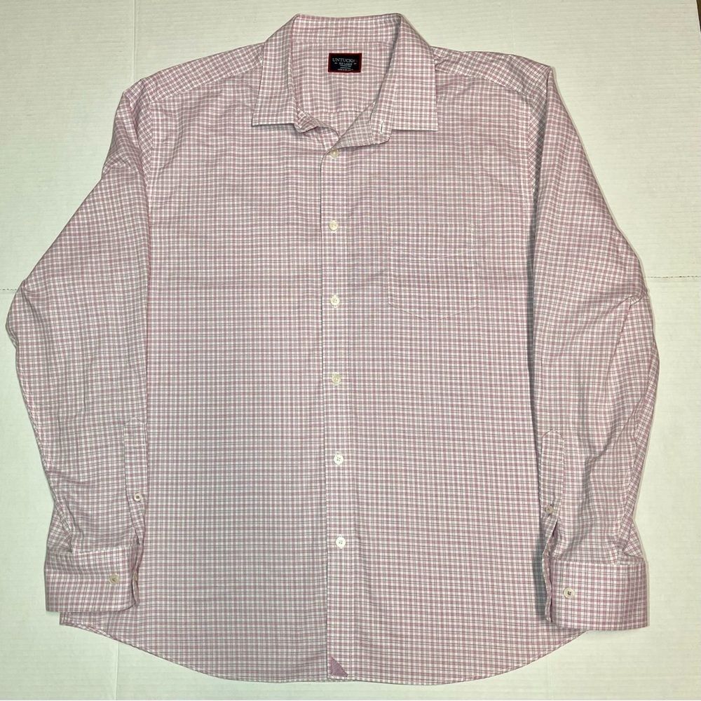 Untuckit Mens Long Sleeve Button Up Shirt Size 2XL Pink White Checks 100% Cotton